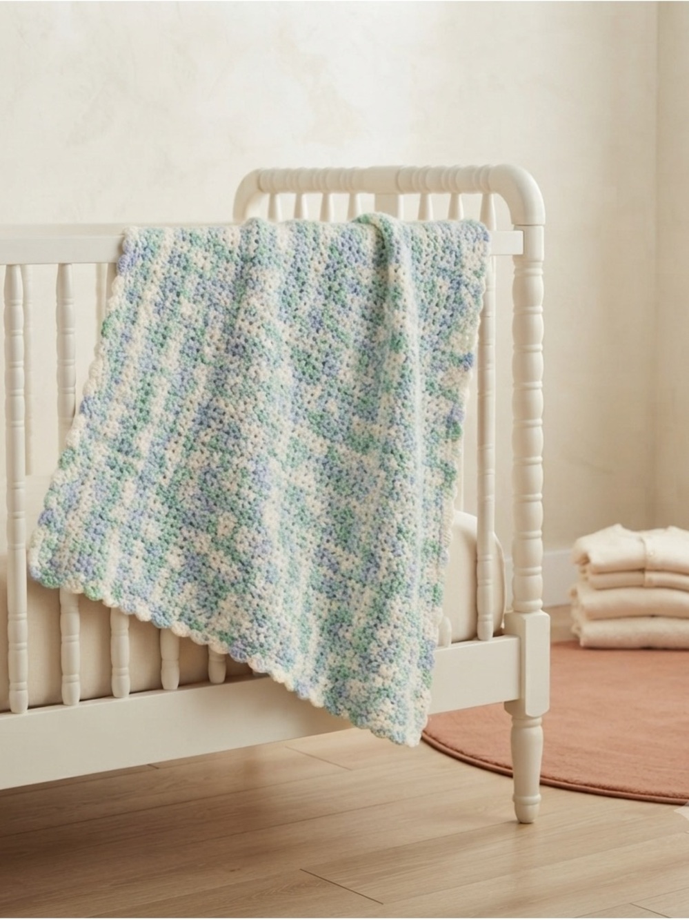 Handmade Crocheted Baby Blanket Afghan Mint Green Blue White